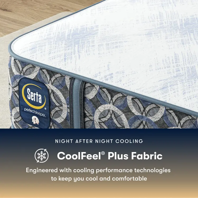 Serta Perfect Sleeper Hybrid Firm mattress with CoolFeel Plus Fabric feature on a wooden floor.