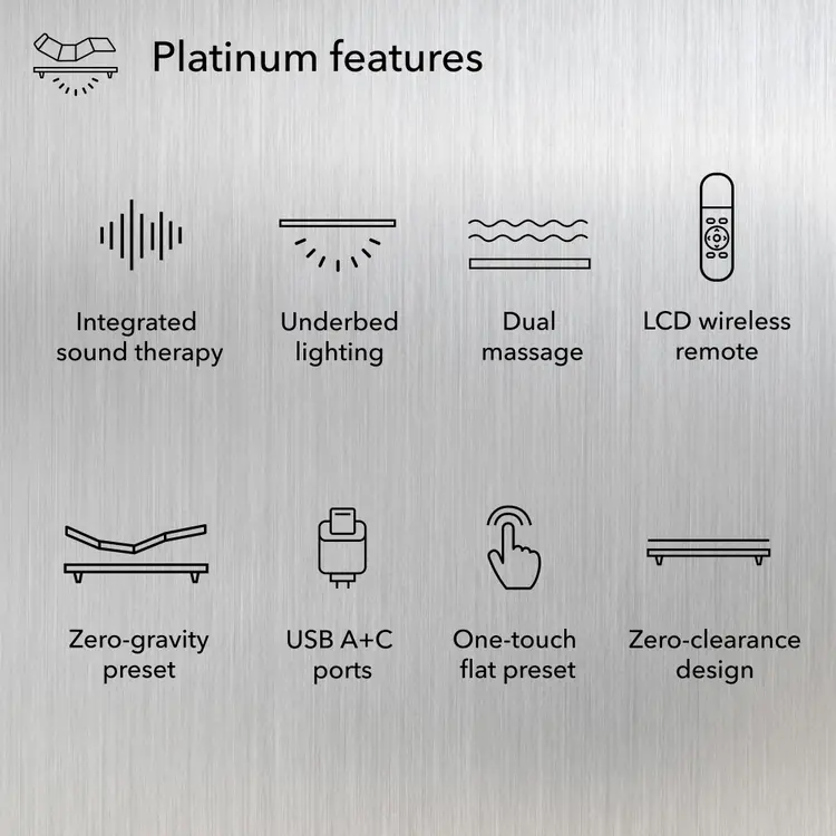 Platinum features include: integrated sound therapy, underbed lighting, dual massage, LCD wireless remote control, zero-gravity preset, USB A & C ports, one-touch flat preset, and zero-clearance design